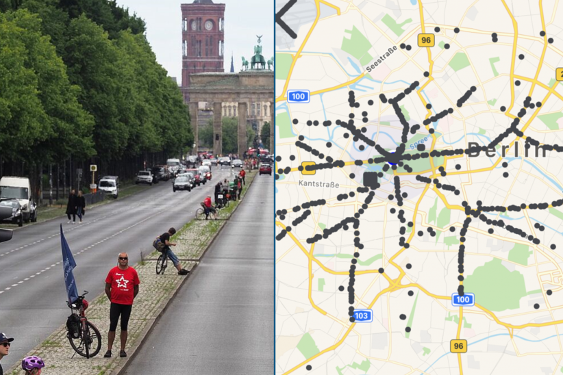 Im linken Bild sieht man Menschen mit Fahrrad auf Abstand an der Straße des 17. Juni stehen, rechts ist eine Karte von Berlin, die über die Stadt verteilt Sternförmig Radfahrende symbolisiert. 